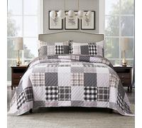 Travan Quilt Set 3Piece Oversized Quilted Bedspread Coverlet Set Grey European British Grid Patchwork Bedding Set King Size