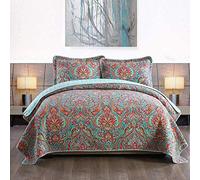 Travan Set di 3 pezzi copriletto trapuntato reversibile in cotone trapuntato con federe, splendido motivo floreale, queen size