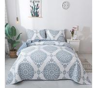 Travan, set di biancheria da letto da 3 pezzi, trapunta e federe, leggero, motivo floreale blu, Queen size