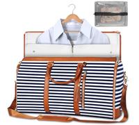 Travel Bag,foldable Clothing Bag Travel,Garment Duffle Bag,Convertible Suit Travel Bag for Women,Large Capacity PU Leather Folding Carry On Garment Bag with Shoe Pouch(Blue and white stripes)