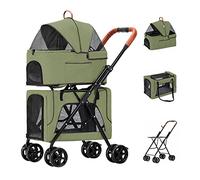 Travel Carrier Foldable Double Pet Pram Stroller for 2 Dogs/Cats, Double-Layer Pet Stroller Trolley Detachable Cage Cat Dog Strollers Pushchair Great for Twin or Multiple(Green)