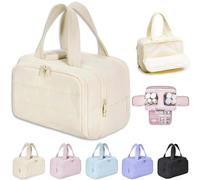 Travel Cosmetic Bag,Large Capacity Wide-Open Travel Cosmetic Bag with 4 Compartments and Handle,Lightweight Waterproof Portable Pouch Open Flat Toiletry Bags (beige)