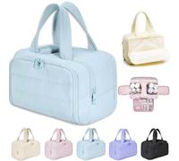 Travel Cosmetic Bag,Large Capacity Wide-Open Travel Cosmetic Bag with 4 Compartments and Handle,Lightweight Waterproof Portable Pouch Open Flat Toiletry Bags (blue)