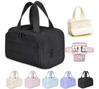 Travel Cosmetic Bag,Large Capacity Wide-Open Travel Cosmetic Bag with 4 Compartments and Handle,Lightweight Waterproof Portable Pouch Open Flat Toiletry Bags (black)