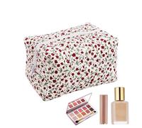 Travel Cosmetic Bag, Soft Cotton Portable Cosmetic, Quilted Zipper Pouch with Plaid Lining, Travel Supplies Organizer for Eyeliner, Face Creams, and Lipsticks, Pink/Blue/Red/Purple