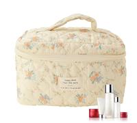 Travel Makeup Bag - 25 cm Quilted Floral Case, Portable Cosmetic Organizer, Soft Storage Pouch, Durable Container | for Home Hotel Camping Toiletry Accessories, Orange Flowers On Yellow Background