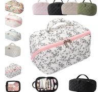 Travel Makeup Bag for Woman Lay Flat Makeup Wide Open Toiletry Bag Lay-Flat Cosmetic Water-Resistant Toiletries Brush Make up Bags Puffy Padded Organizer Brush Compartment Handle Case(Multi-c2)