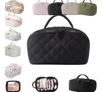 Travel Makeup Bag for Woman Lay Flat Makeup Wide Open Toiletry Bag Lay-Flat Cosmetic Water-Resistant Toiletries Brush Make up Bags Puffy Padded Organizer Brush Compartment Handle Case(Nero)