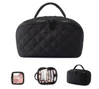 Travel Makeup Bag For Woman, Water-Resistant Wide Open Expandable Lay Flat Makeup Bag, With Handle Brush Compartment For Travel Daily Use (Black)