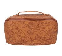 Travel Makeup Bag PU Leather Large Capacity Makeup Bag Relief Flower Pattern PortableToiletry Bag Caramel Color for Women Girls Gift
