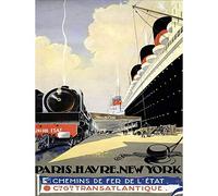 Travel Tourism Paris New York Train Ship Transatlantic France USA Art Print Poster Wall Decor 12X16 Inch Viaggio Turismo Parigi Treno Nave Francia Stati Uniti d'America Manifesto Parete