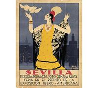 Travel Tourism Seville Spain American Festival Woman Bird Art Print Poster Wall Decor 12X16 Inch Viaggio Turismo Spagna americano Donna Uccello Manifesto Parete