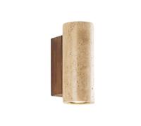 Travertine Wall Sconce Lighting - Modern Stone Wall Lamp Up Down Light, Wood Base Cylinder Wall Light Fixture, Rustic Natural Bedside Light for Bedroom Living Room Hallway, Beige