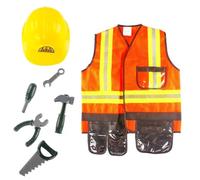 Travestimento da Geometra per Bambini con Gilet Arancione E Strisce Riflettenti Cappello E Attrezzi Giocattolo Costume da Tecnico Edile per Gioco Immersivo atto per Attività di Gruppo Feste E Scuola