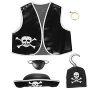 Travestimento da pirata 5 pezzi accessori costume per bambini carnevale halloween feste a tema gilet cappello benda per occhio uncino orecchino