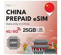 travSIM China eSIM | 25GB di dati mobili | Funziona su dispositivi iOS e Android | Il piano di questa eSIM per la Cina è valido per 30 giorni.