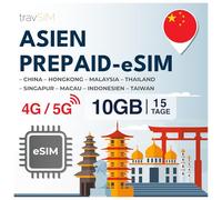 travSIM eSIM Asia | 15 giorni - 10 GB di dati eSIM |Utilizzo in Macao, Cina, Hong Kong, Malesia, Thailandia, Singapore e altro | Accesso a Internet a Google, Facebook, Whatsapp e altro | Nessun costo