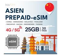 travSIM eSIM Asia | 30 giorni - 25 GB di dati eSIM | Utilizzo in Macao, Cina, Hong Kong, Malesia, Thailandia, Singapore e altro | Accesso a Internet a Google, Facebook, Whatsapp e altro | Nessun costo