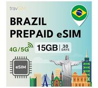 travSIM eSIM Brasile | 15 GB di dati mobili con velocità 4G/5G | Connessione internet affidabile per Google, Facebook, WhatsApp e altro ancora | Il piano eSIM Brasile è valido per 30 giorni
