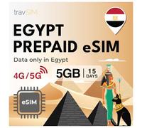 travSIM eSIM Egitto | 05 GB di dati mobili | Hotspot disponibile | Il piano sulla eSIM per l'Egitto è valido per 15 giorni