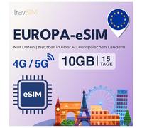 travSIM eSIM Europa | 15 giorni - 10 GB | Funziona in oltre 40 paesi dell'UE | Accesso a Google, Facebook, WhatsApp e altro ancora | Nessun costo di roaming