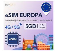 travSIM eSIM Europa | 15 giorni - 5 GB | Funziona in oltre 40 paesi dell'UE | Accesso a Google, Facebook, WhatsApp e altro ancora | Nessun costo di roaming