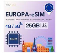 travSIM eSIM Europa | 30 giorni - 25 GB | Funziona in oltre 40 paesi dell'UE | Accesso a Google, Facebook, WhatsApp e altro ancora | Nessun costo di roaming