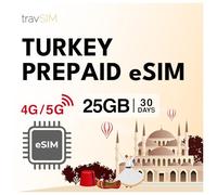 travSIM eSIM Turchia | 30 giorni - 25GB di dati | Dati ad alta velocità 5G/4G | Accesso a Internet per Google, Facebook, Whatsapp, Instagram e altro ancora
