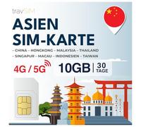 travSIM Scheda SIM asiatica | 30 giorni - 10 GB | SIM card Asia, uso in Macao, Cina, Hong Kong, Malesia, Thailandia, Singapore e altro | Accesso a Google, Facebook, Whatsapp e altro | Nessun costo di
