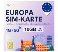 travSIM Scheda SIM Europa Internet | 15 giorni - 10 GB | SIM card Europa, Germania, Francia, Spagna, Italia, Paesi Bassi, e altro | Accesso a Google, Facebook, Whatsapp e altro ancora | 0 costi di