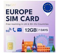 travSIM SIM Card Europa | 12GB di dati a velocità 4G/5G | SIM solo dati | Utilizzate la SIM Europa in 27 paesi dell'UE | Piano sulla SIM Europa valido per 7 giorni