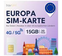 travSIM SIM Data Europe | 30 giorni - 15 GB | Scheda SIM per l'Europa funzionante in oltre 40 paesi | Accesso a Google, Facebook, WhatsApp e altro ancora | Nessun costo di roaming