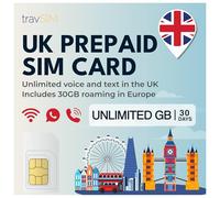 travSIM SIM UK | Dati illimitati + chiamate e SMS illimitati nel Regno Unito | 12 GB di roaming in Europa | Velocità 4G/5G elevate | Valida per 30 giorni