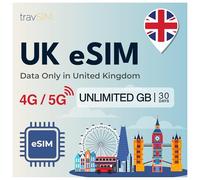 travSIM UK eSIM | Solo dati illimitati | Valida per 30 giorni | Piano dati mobile veloce per viaggiare nel Regno Unito | Velocità Internet 4G/5G affidabili e offerte | Copertura solo nel Regno Unito