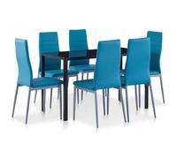 Traylux Set da pranzo da 7 pezzi, blu, con tavolo da pranzo e sedie in vetro temperato e ecopelle, design moderno, per cucina, soggiorno e sala da pranzo, per cene e colazione in famiglia