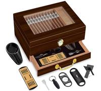 TRBIHCX Humidor per sigari chiudibile | Umidificatore per sigari in vetro rivestito in legno di pesca, igrometro frontale, cassetto accessori, set di accessori completo, contiene 20-70 sigari (noce