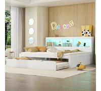 Trdlpyn Divano Letto 140 * 200cm con illuminazione Ambientale Telecomandata e Presa USB, Letto Estraibile Letto Matrimoniale con Vano Portaoggetti sul Comodino, Rete a doghe Letto in Legno Massiccio