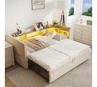 Trdlpyn Divano Letto Estraibile 90/180 * 190cm, Letto Imbottito con Luci a LED e Prese USB, Numerosi Vani Portaoggetti Laterali, Multifunzione Lettos Singol, Beige(Materasso non incluso)