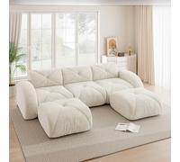 Trdlpyn Divano Modulare con 2 pouf, Divano Componibile a 3 posti in Velluto Chenille, Poltrona a U, Base Antiscivolo, Non necessita di Montaggio(Bianco) Divano senza ossa completamente compresso