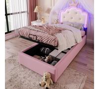 Trdlpyn Lettino Imbottito per Bambini 90 x 200 cm con Rete a doghe, Letto Singolo con Luce Ambientale APP, Letto per Ragazze con Forma a Corona,Spazio di Stivaggio Idraulico,Materiale PU, Rosa