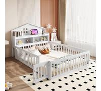 Trdlpyn Letto 140 x 200 con Testiera Contenitore e Barra Portafoto, Montessori Letto a Terra Bambini con Rete a doghe, Struttura letto in Legno Massiccio, letto Piazza e Mezza per Bambini(Bianco)