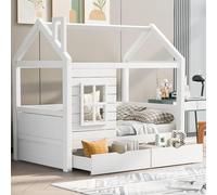 Trdlpyn Letto a casa per bambini 80 x 160 cm con rete a doghe e 2 cassetti, letto per bambini in legno massello con finestra di protezione anticaduta, letto da pavimento Montessori per ragazzi e