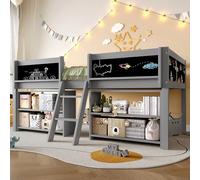 Trdlpyn Letto a Mezza Altezza per Bambini 90 x 200 cm, Montessori Letto con Lavagna e Ripiani Multipli, Struttura in Legno di Pino per Camera da letto(Senza Materasso) Grigio