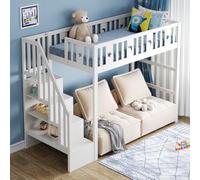 Trdlpyn Letto a Soppalco 90 * 200 con Scale di Contenitore, Decorazione a forma di Stella e Luna, Struttura Letto in Legno Massello per Bambini, con Ringhiera di Sicurezza, Bianco