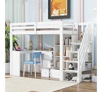 Trdlpyn Letto a Soppalco 90x200 cm con Scrivania e Cassetti, Mobile Contenitore Aperto, Scaffali e Scale Portaoggetti, Struttura del letto in Legno, Letto Singolo per Adulti/Bambini
