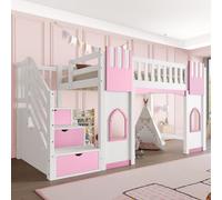 Trdlpyn Letto a Soppalco 90x200cm con Scala Contenitore, Letto a casa per Bambini con Finestra, Rete a doghe, Struttura in Lengo, Bianco+Rosa (Senza Materasso)