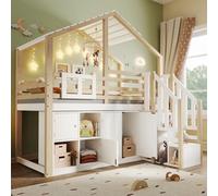 Trdlpyn Letto Casetta per Bambini 90x200cm con Finestra, Letto a Soppalco con Scala Portaoggetti e Armadiett, Sponda del letto, Bianco + Naturale(senza materasso)