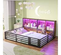 Trdlpyn Letto di recinzione 140 x 200cm con Ringhiera, Comodino con Vano Contenitore e Strisce Luminose a LED, Montessori Letto a Terra Bambini con Rete a doghe, Metallo