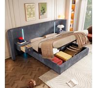 Trdlpyn Letto Imbottito Matrimoniale 180x200 con Striscia LED e USB + TYPE-C, Letto Contenitore con Rete a doghe e Allargare Testiera, letto una piazza e mezza con Vano Portaoggetti, Velluto(Grigio)