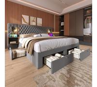 Trdlpyn Letto Matrimoniale Imbottito 180x200cm con 2 Comodini e 4 Cassetti, Testiera con Luce di Lettura e Ricarica USB, Letto Queen Size con Rete a Doghe, Velluto (Senza Materasso) Grigio